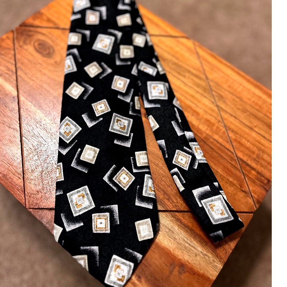 Stafford Men's 100% Silk‎ Tie Geometric Squares Black Gold Formal